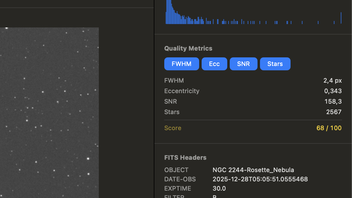 Inspector panel showing FWHM, eccentricity, SNR, star count, and FITS headers