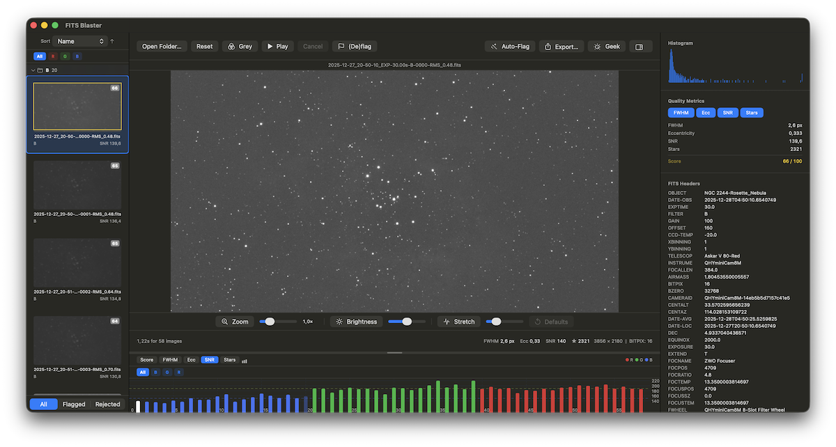 FITS Blaster main window showing thumbnail sidebar, image viewer, session chart, and inspector panel